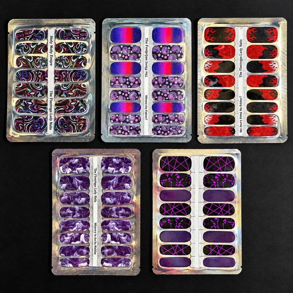 Flamingo Lady 5 pc Set Dark Halloween Nail Wraps Goth Purple Flame Paisley